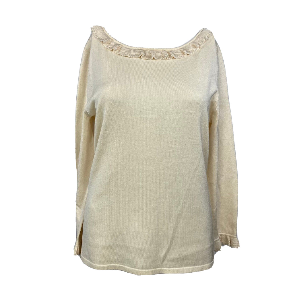 Parisian Sweater Womens Sz S Ivory Silk Knit Stretch Ruffle Beaded Collar